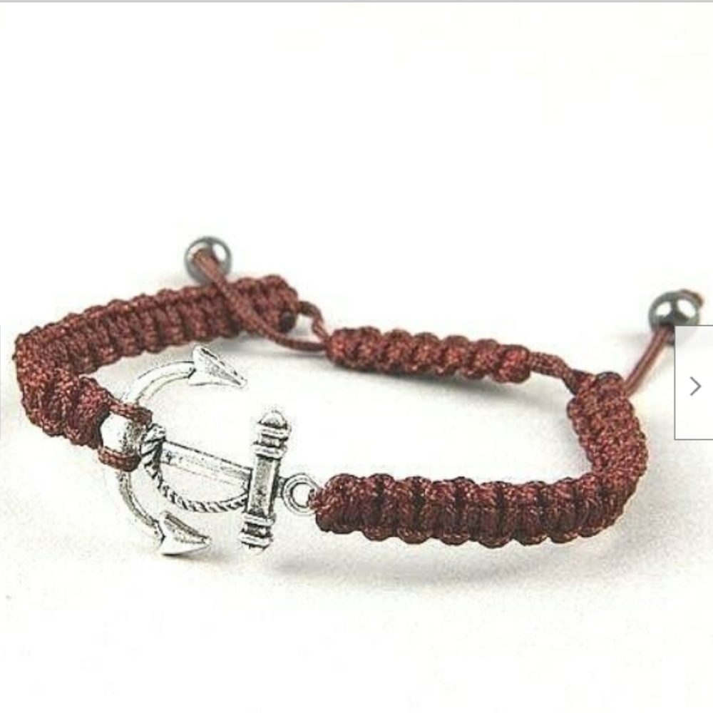 Silver Anchor Rope Bracelet 6-9" Brown Shamballa